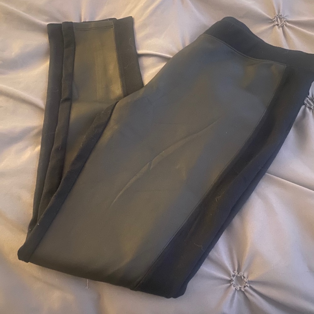 “Leather front leggings”